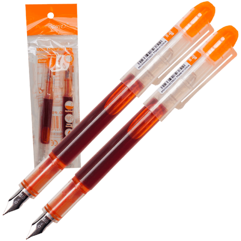Set 2 stilouri de unica folosinta cu penita M, cerneala portocalie si corp transparent, 13.5 CM